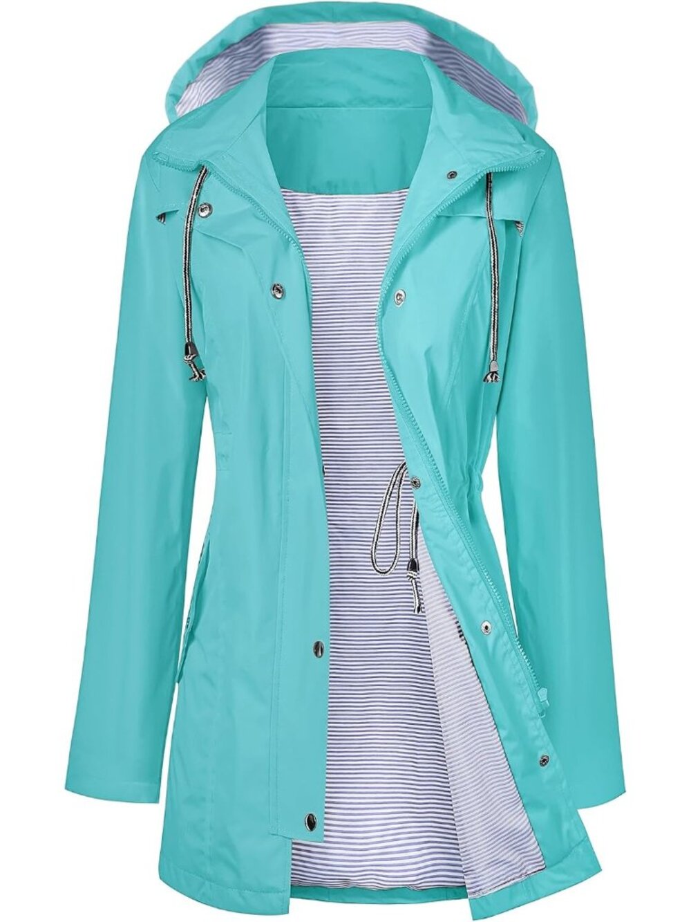 Women Turquoise Hooded Waterproof Adjustable Drawstring Windbreaker Trench Coat